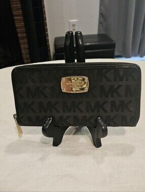 Michael Kors Black MK Logo Zip Wallet with Gold Plaque EUC